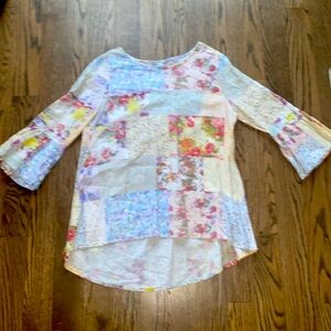 John Mark Top Womens Size Med Colorful Linen Floral Patchwork Tunic Cottagecore